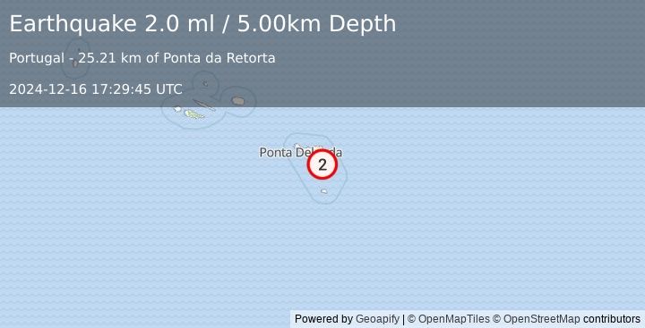 Earthquake AZORES ISLANDS, PORTUGAL (2.0 ml) (2024-12-16 17:29:45 UTC)