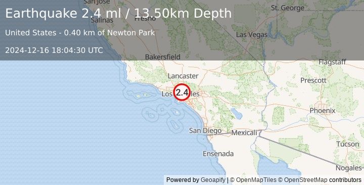 Earthquake GREATER LOS ANGELES AREA, CALIF. (2.8 ml) (2024-12-16 18:04:30 UTC)