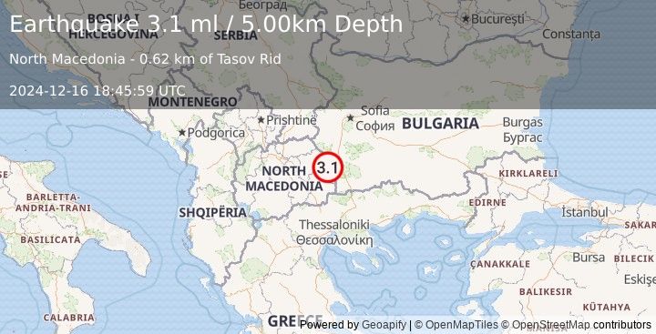 Earthquake REPUBLIC OF NORTH MACEDONIA (3.1 ml) (2024-12-16 18:45:59 UTC)