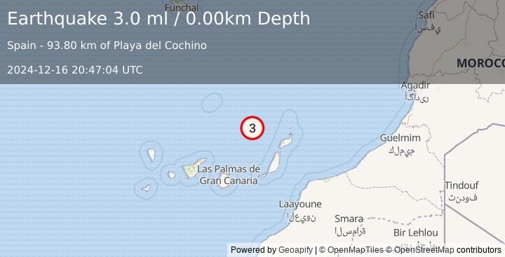 Earthquake CANARY ISLANDS, SPAIN REGION (3.0 ml) (2024-12-16 20:47:04 UTC)