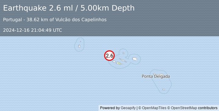 Earthquake AZORES ISLANDS, PORTUGAL (2.6 ml) (2024-12-16 21:04:49 UTC)