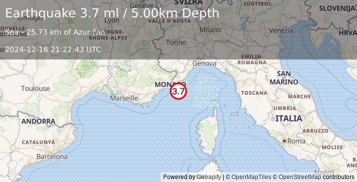 Earthquake NEAR SOUTH COAST OF FRANCE (3.7 ml) (2024-12-16 21:22:43 UTC)