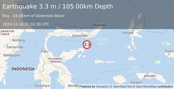 Earthquake SULAWESI, INDONESIA (3.3 m) (2024-12-16 21:31:30 UTC)