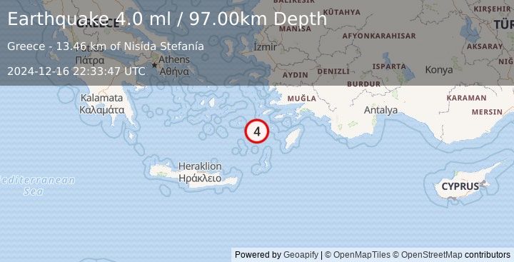 Earthquake DODECANESE ISLANDS, GREECE (4.0 ml) (2024-12-16 22:33:47 UTC)