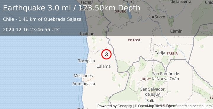 Earthquake ANTOFAGASTA, CHILE (3.0 ml) (2024-12-16 23:46:56 UTC)