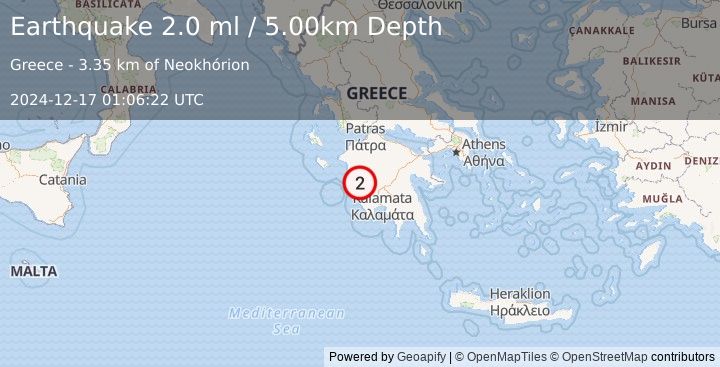 Earthquake SOUTHERN GREECE (2.0 ml) (2024-12-17 01:06:22 UTC)