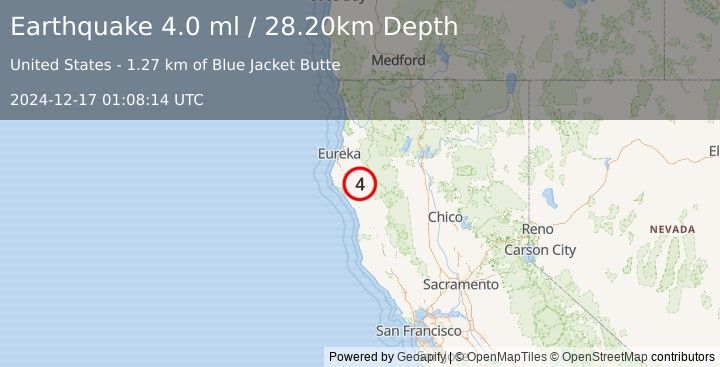 Earthquake NORTHERN CALIFORNIA (4.0 ml) (2024-12-17 01:08:14 UTC)