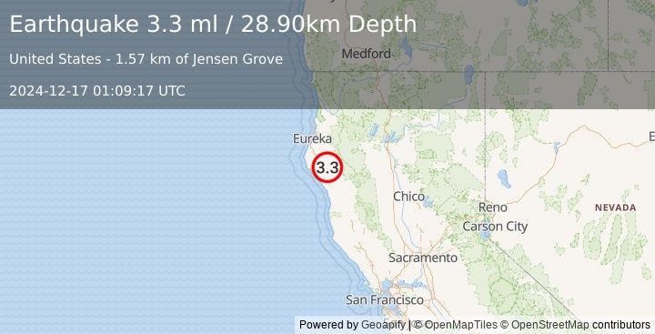 Earthquake NORTHERN CALIFORNIA (3.3 ml) (2024-12-17 01:09:17 UTC)