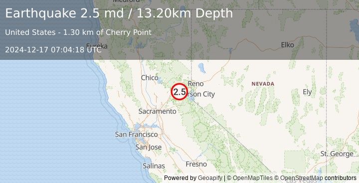 Earthquake NORTHERN CALIFORNIA (2.5 md) (2024-12-17 07:04:18 UTC)