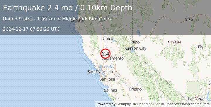 Earthquake NORTHERN CALIFORNIA (2.4 md) (2024-12-17 07:59:29 UTC)