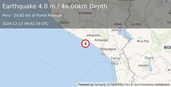 Earthquake NEAR COAST OF SOUTHERN PERU (4.0 m) (2024-12-17 09:02:19 UTC)