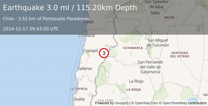 Earthquake ATACAMA, CHILE (3.0 ml) (2024-12-17 09:43:50 UTC)