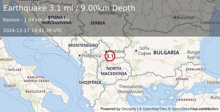 Earthquake KOSOVO-SERBIA-N MAC. BORDER REG. (3.0 ml) (2024-12-17 10:41:38 UTC)