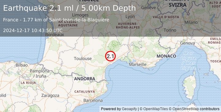 Earthquake NEAR SOUTH COAST OF FRANCE (2.1 ml) (2024-12-17 10:43:50 UTC)