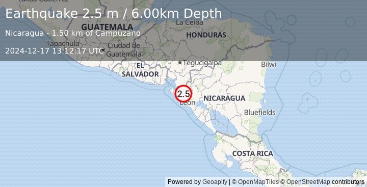 Earthquake NEAR COAST OF NICARAGUA (2.5 m) (2024-12-17 13:12:17 UTC)