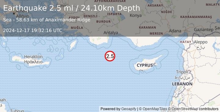 Earthquake EASTERN MEDITERRANEAN SEA (2.5 ml) (2024-12-17 19:32:16 UTC)