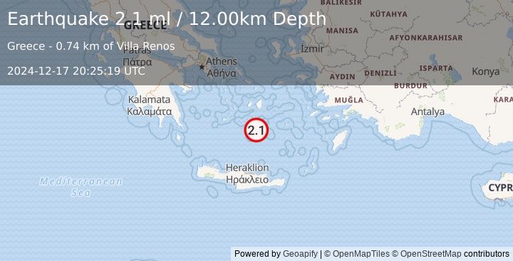 Earthquake DODECANESE ISLANDS, GREECE (2.1 ml) (2024-12-17 20:25:19 UTC)