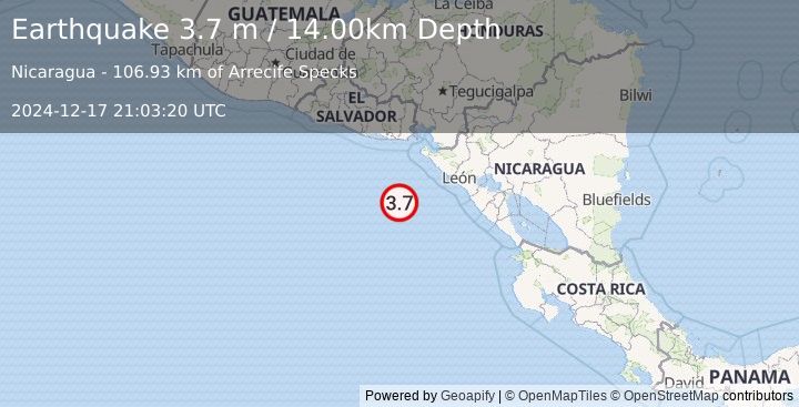 Earthquake OFF COAST OF CENTRAL AMERICA (3.7 m) (2024-12-17 21:03:20 UTC)