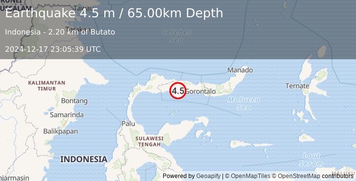 Earthquake MINAHASA, SULAWESI, INDONESIA (4.5 m) (2024-12-17 23:05:39 UTC)