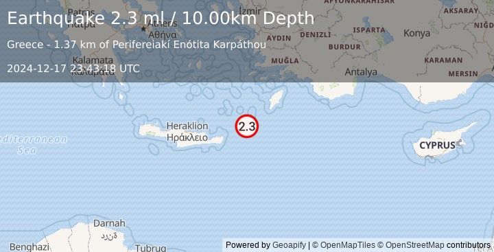 Earthquake DODECANESE ISLANDS, GREECE (2.3 ml) (2024-12-17 23:43:18 UTC)