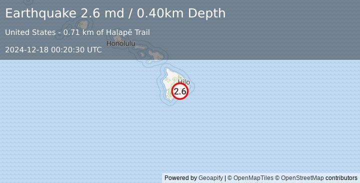 Earthquake ISLAND OF HAWAII, HAWAII (2.6 md) (2024-12-18 00:20:30 UTC)