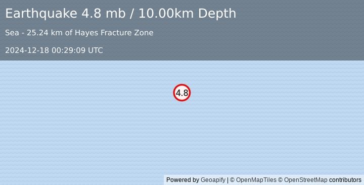 Earthquake NORTHERN MID-ATLANTIC RIDGE (4.8 mb) (2024-12-18 00:29:09 UTC)