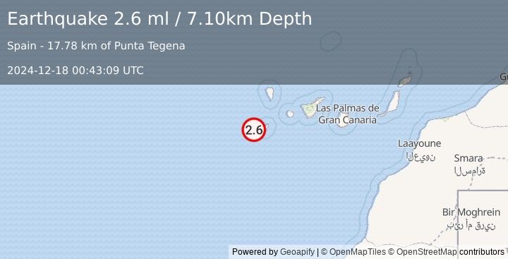 Earthquake CANARY ISLANDS, SPAIN REGION (2.6 ml) (2024-12-18 00:43:09 UTC)