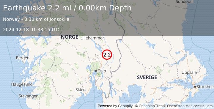 Earthquake SOUTHERN NORWAY (2.1 ml) (2024-12-18 01:33:17 UTC)