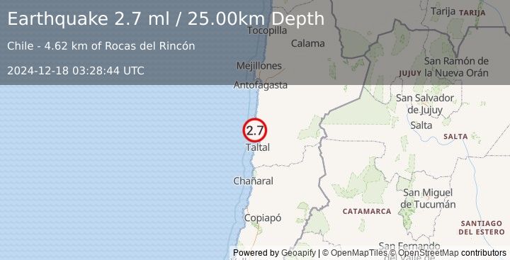 Earthquake OFFSHORE ANTOFAGASTA, CHILE (2.7 ml) (2024-12-18 03:28:44 UTC)