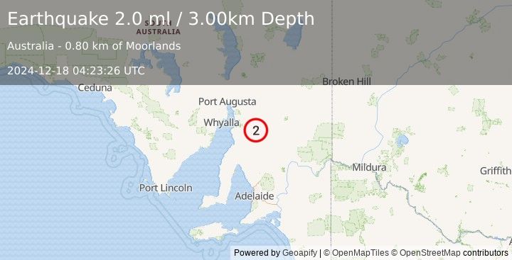 Earthquake NEAR COAST OF SOUTH AUSTRALIA (2.0 ml) (2024-12-18 04:23:26 UTC)