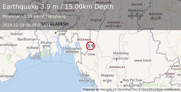 Earthquake MYANMAR-INDIA BORDER REGION (3.9 m) (2024-12-18 06:48:55 UTC)