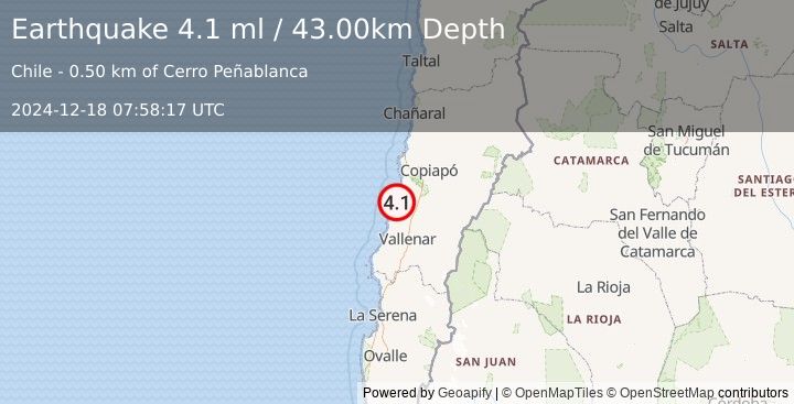 Earthquake ATACAMA, CHILE (4.0 ml) (2024-12-18 07:58:16 UTC)