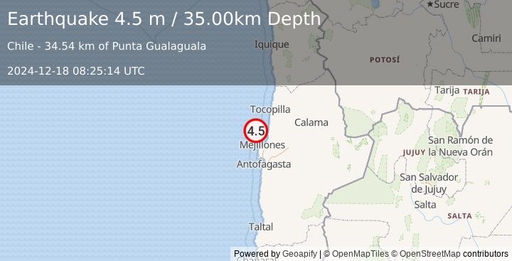 Earthquake OFFSHORE ANTOFAGASTA, CHILE (4.5 m) (2024-12-18 08:25:14 UTC)