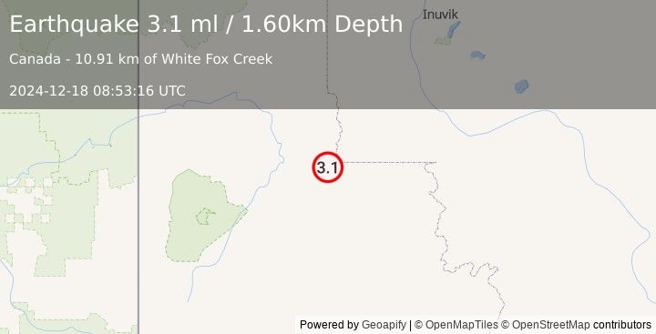 Earthquake NORTHERN YUKON TERRITORY, CANADA (3.1 ml) (2024-12-18 08:53:16 UTC)