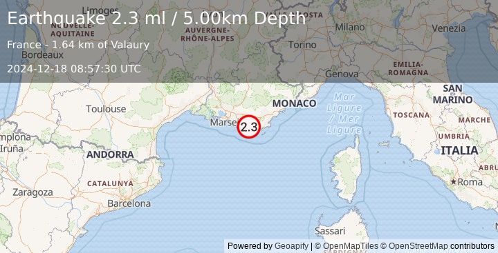 Earthquake NEAR SOUTH COAST OF FRANCE (2.3 ml) (2024-12-18 08:57:30 UTC)