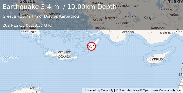 Earthquake DODECANESE ISLANDS, GREECE (3.4 ml) (2024-12-18 08:58:57 UTC)