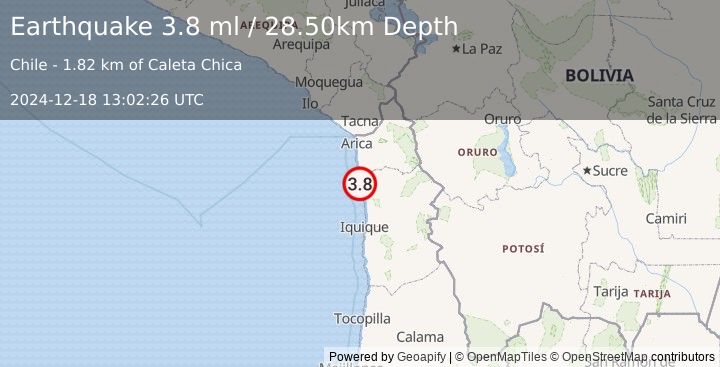 Earthquake TARAPACA, CHILE (3.8 ml) (2024-12-18 13:02:26 UTC)