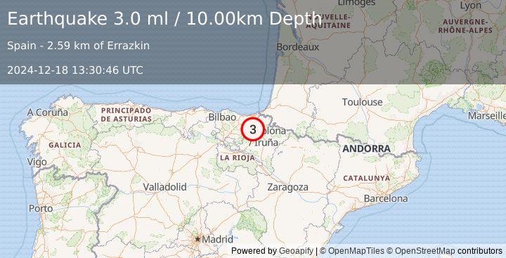 Earthquake PYRENEES (3.0 ml) (2024-12-18 13:30:46 UTC)