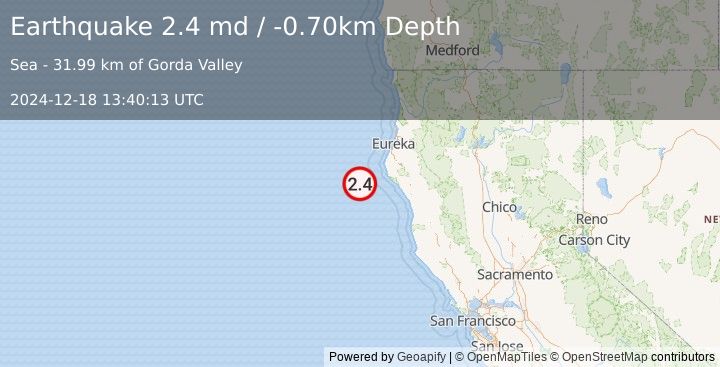 Earthquake OFFSHORE NORTHERN CALIFORNIA (2.4 md) (2024-12-18 13:40:13 UTC)