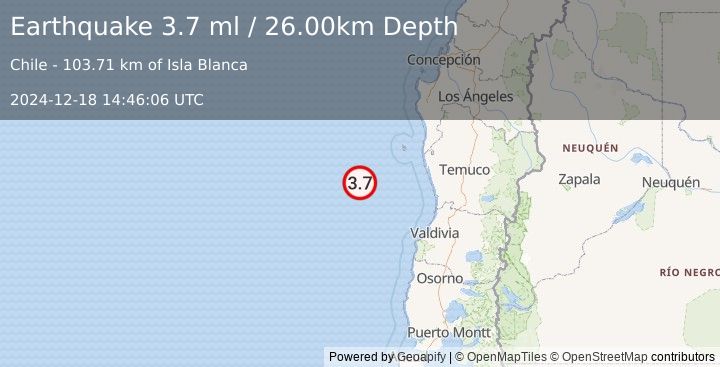 Earthquake OFF COAST OF LOS LAGOS, CHILE (3.8 ml) (2024-12-18 14:46:08 UTC)