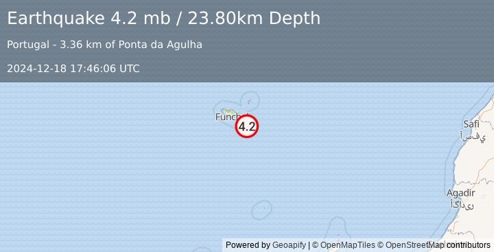 Earthquake MADEIRA ISLANDS, PORTUGAL REGION (4.2 mb) (2024-12-18 17:46:06 UTC)