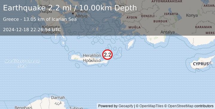 Earthquake CRETE, GREECE (2.2 ml) (2024-12-18 22:26:54 UTC)