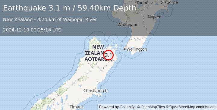 Earthquake SOUTH ISLAND OF NEW ZEALAND (3.1 m) (2024-12-19 00:25:18 UTC)