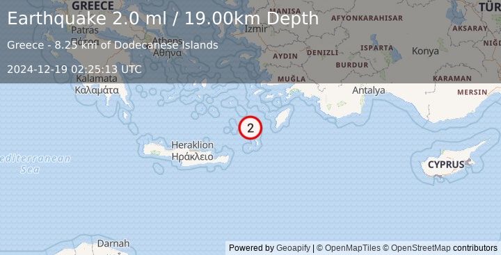 Earthquake CRETE, GREECE (2.0 ml) (2024-12-19 02:25:13 UTC)