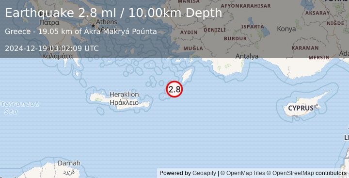 Earthquake DODECANESE ISLANDS, GREECE (2.7 ml) (2024-12-19 03:02:07 UTC)