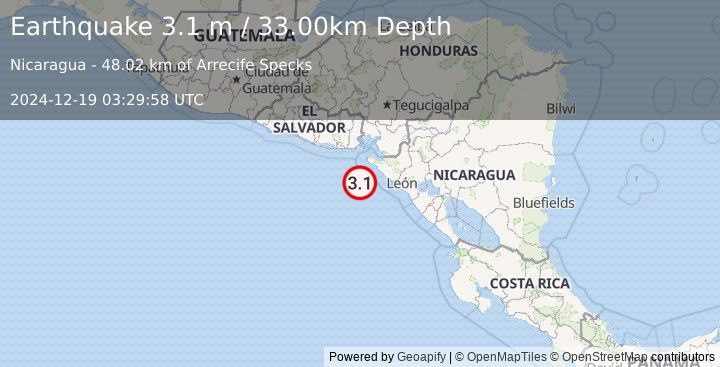 Earthquake NEAR COAST OF NICARAGUA (3.1 m) (2024-12-19 03:29:58 UTC)