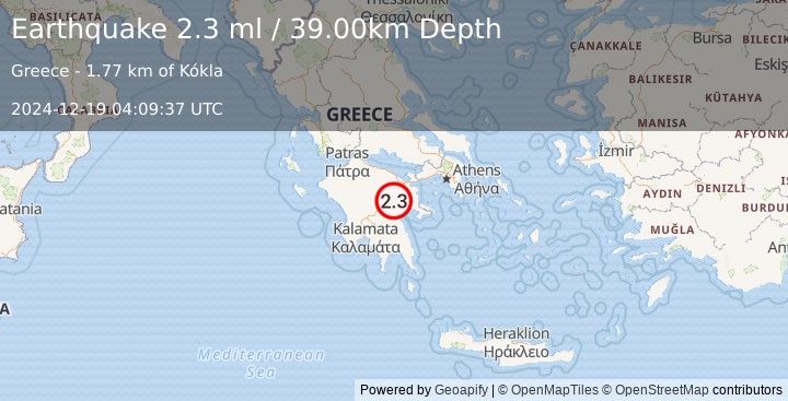 Earthquake SOUTHERN GREECE (2.3 ml) (2024-12-19 04:09:37 UTC)