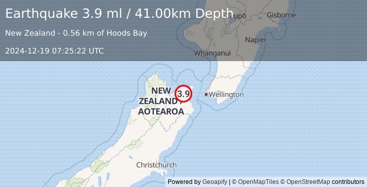 Earthquake SOUTH ISLAND OF NEW ZEALAND (3.9 ml) (2024-12-19 07:25:22 UTC)