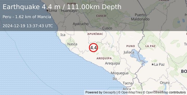 Earthquake SOUTHERN PERU (4.4 m) (2024-12-19 13:37:43 UTC)