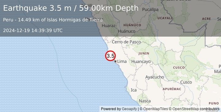 Earthquake NEAR COAST OF CENTRAL PERU (3.5 m) (2024-12-19 14:39:39 UTC)